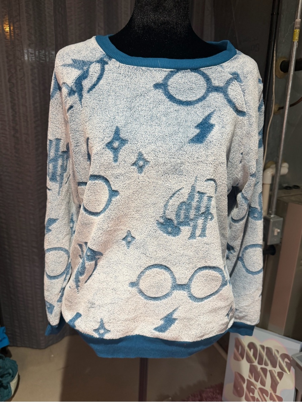 Harry Potter White Sweater with Blue Harry-Inspired Motifs - Medium